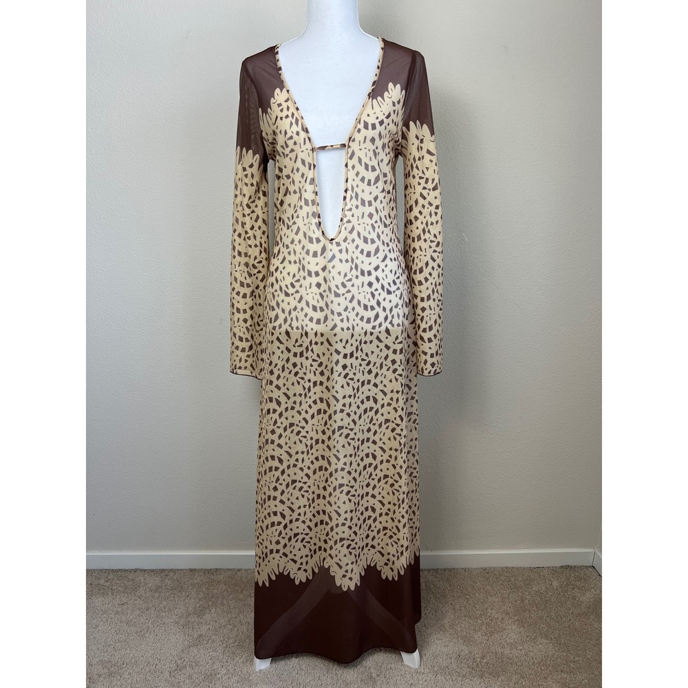 Caroline Constas Women Mesh Beach Cover Up Maxi Dress S Brown Sheer Deep V Neck